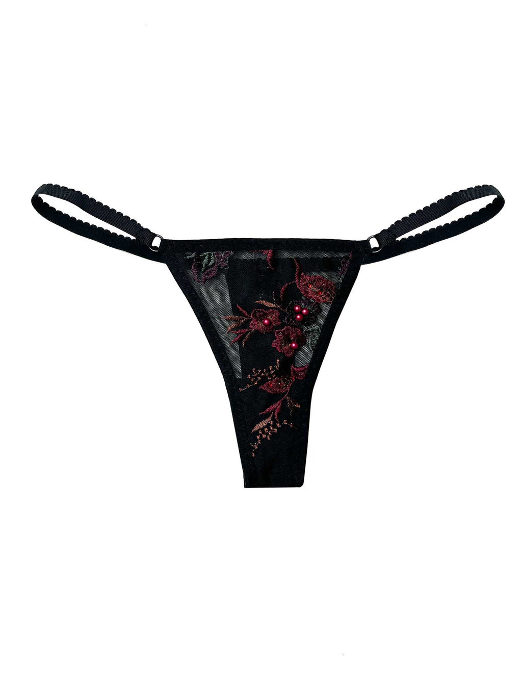 Megan Black Tulle Thong with Maroon Embroidery