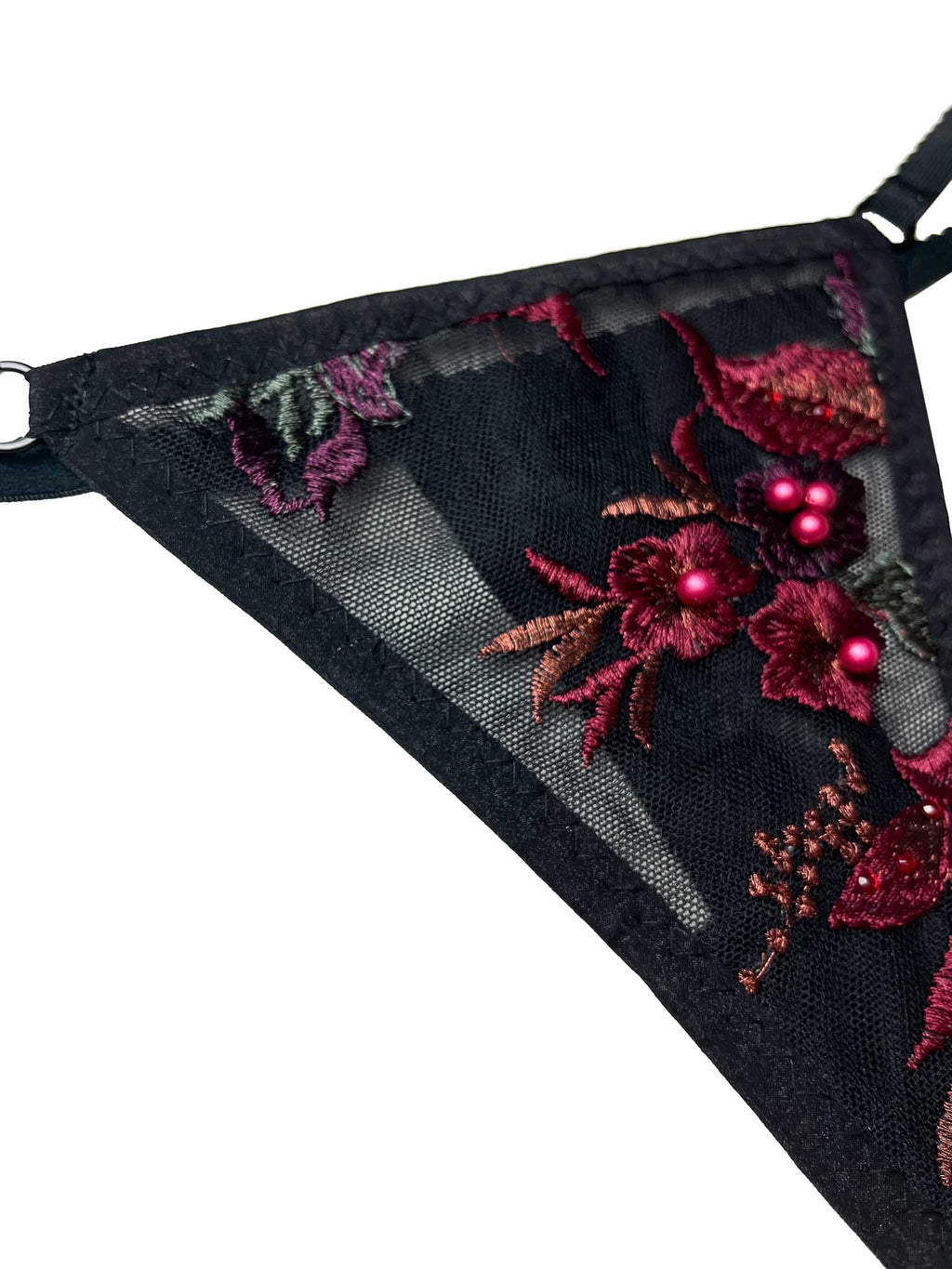Megan Black Tulle Thong with Maroon Embroidery