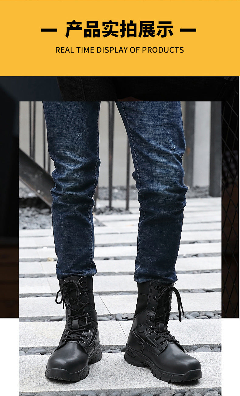 Black High top leather boots Men Indestructible shoes Anti-smash Anti puncture Work Boots Safety Shoes Men Boots Protection Shoe