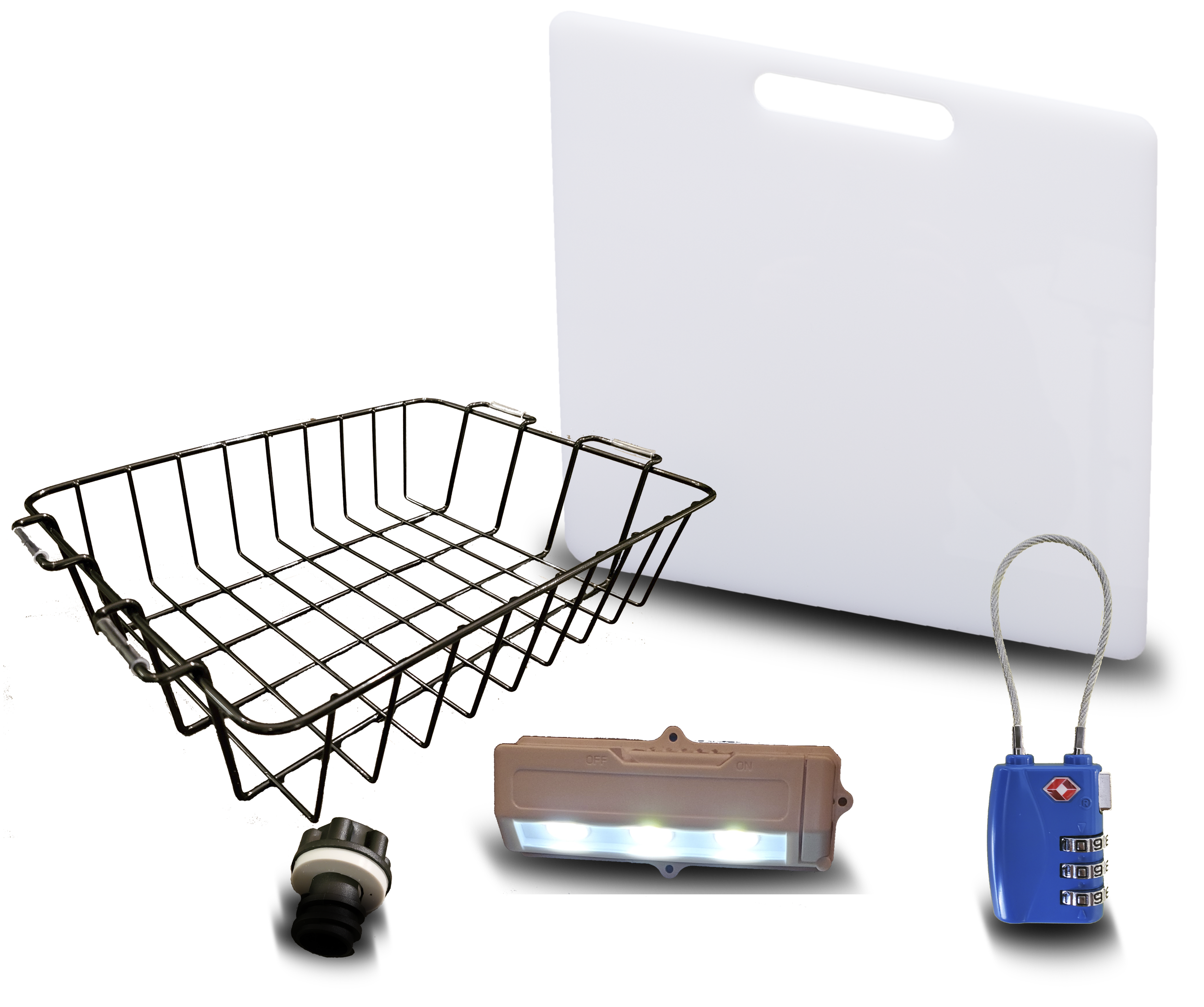 Accessory Kit - Divider/Cutting Board, Basket, Lock, Light, & Plug for Coolers