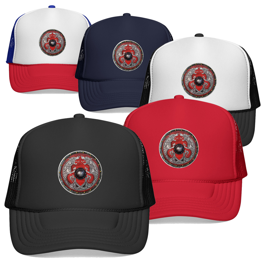 FREKI & GERI RED Viking Shield Emblem — Retro Norse Graphic Hat
