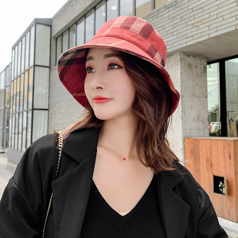 2025 New Fisherman Hats for Women Casual Shade Sun Hat Checked Suede Fabric Basin Hat Casual Folding Warm Hats Bucket Hat Women