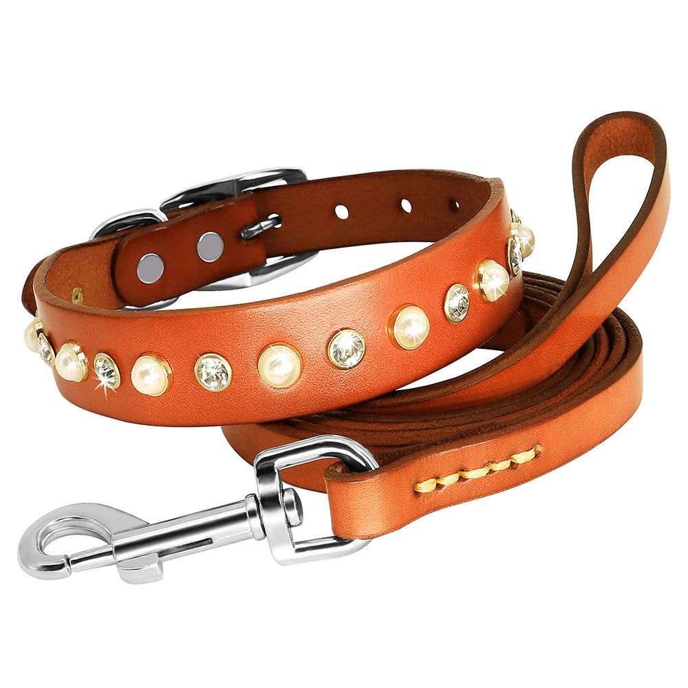 Genuine Leather Small Medium Dog Cat Collar Adjustable Rhinestone Diamond Accessories Pet Puppy Collars Leash Set For Chihuahua