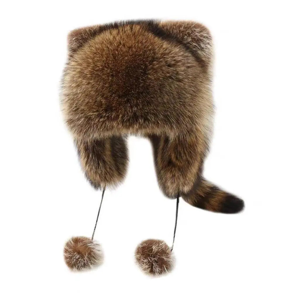 Trend Raccoon Fur Cap Tail Women Faux Raccoon Fur Caps Ushanka Hats for Winter Warm Ears Fashion Bomber Pom Pom Hat Russian Hat