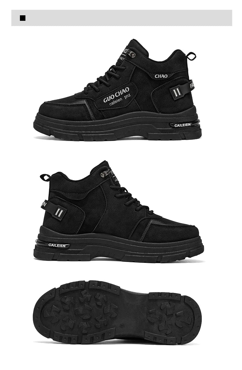 High Top Boots Four Season Outdoor Work Shoes Men's Anti Slip and Comfortable Black Boots Fashion British Casual Leather Boots