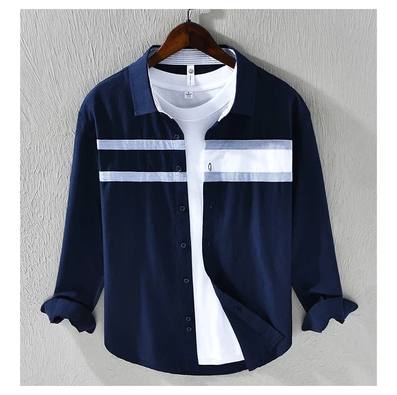 Japanese Fashion Mens Long Sleeve Shirts Spring Summer Daily Casual Pure Cotton Shirt Oxford Striped Patchwork Shirt Youth Tops