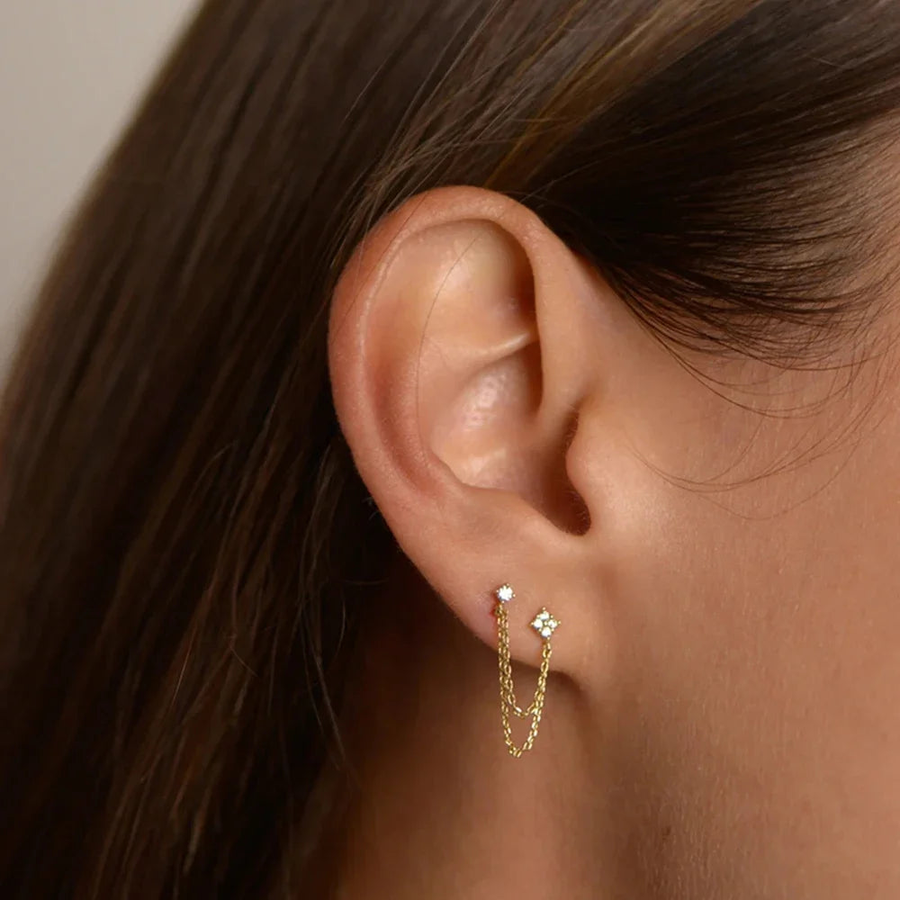 New Arrival Double Ear Studs Tassel Chains Hanging Earrings for Women Ear Piercing 3 Metal Color Luxury CZ Hot Jewelry