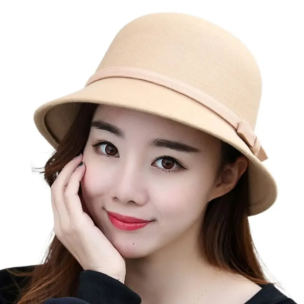 Brim Bowler Fedora Hats Elegant Women Vintage Retro Hat Wool Felt Bucket Cap Church Bowler Cloche Hats Autumn Winter Warm Hat