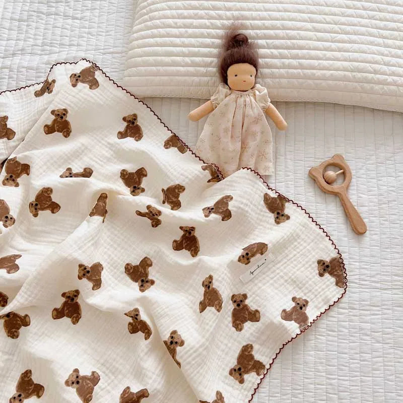 2-3 Layers Baby Blankets Bear Dots Print Cotton Gauze Muslin Swaddle Wrap Newborn Infant Bedding Sleeping Receving Blanket