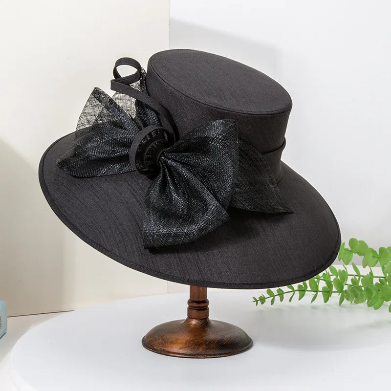 Elegant Wide Brim Black Hats For Women Big Bow Formal Occasion Kentucky Cap Lady Wedding Cocktail Party Flat Top Fedoras 2025