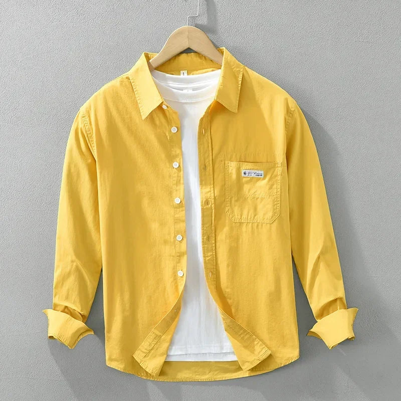 Japanese Fresh Mens Long Sleeve Shirts Spring Summer Daily Casual Man Shirts Lapel Pocket Yellow Shirt Pure Cotton Top Simple