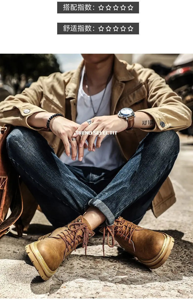 Fashion Men Boots Spring Comfortable Platform Leather Shoes Men Trend Brown Non-slip Work Boots for Men Casual Shoe Cowboy Boots