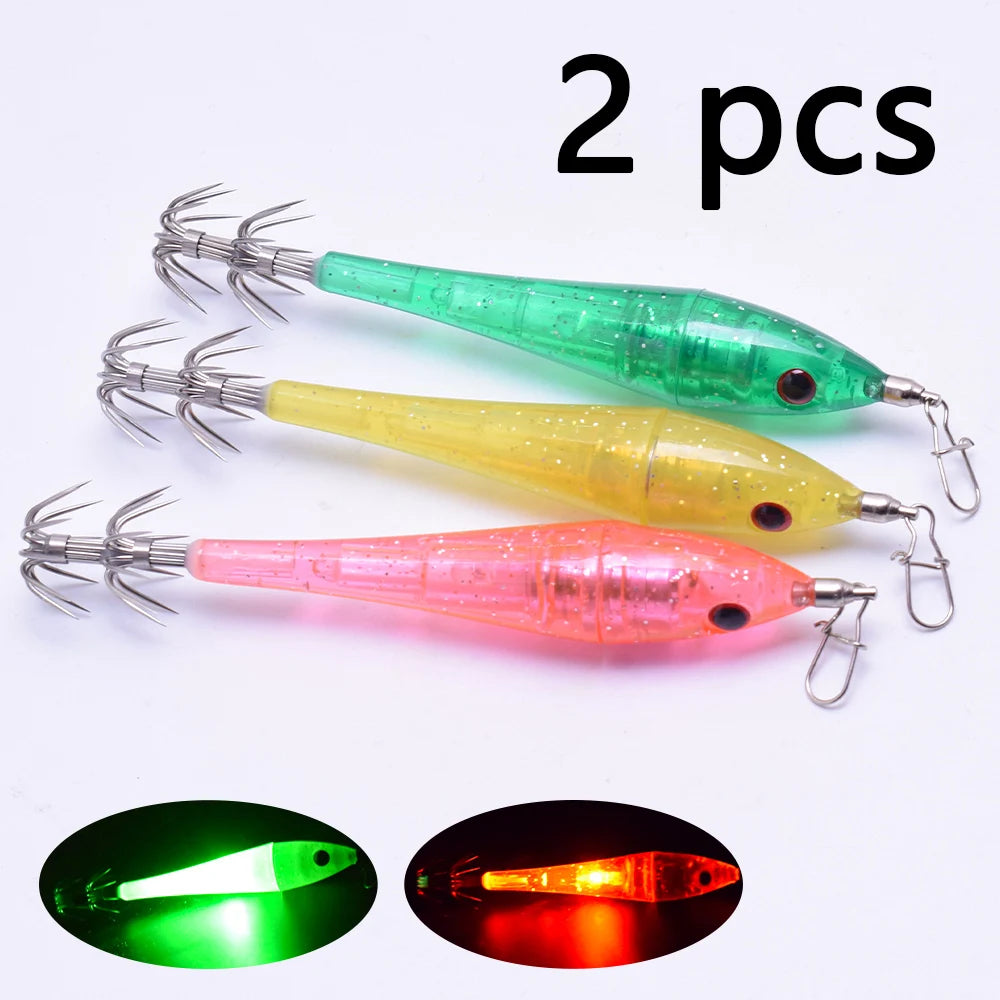 2 pcs LED underwater lure light, simulated bait with hook, electronic wooden shrimp, powerful double-layer squid hook