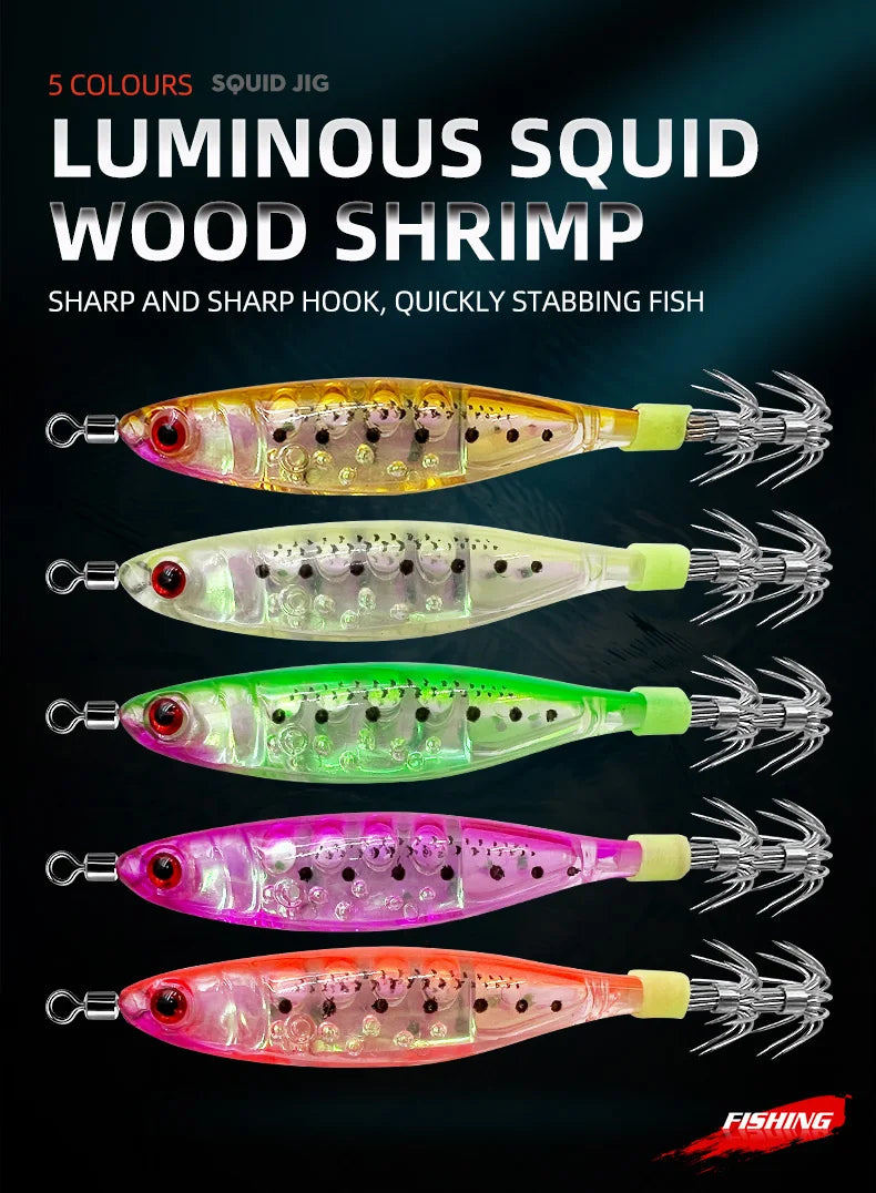 Glow-in-the-dark wood shrimp squid hook plastic hard bait blowpipe octopus hook lure fake bait squid bait
