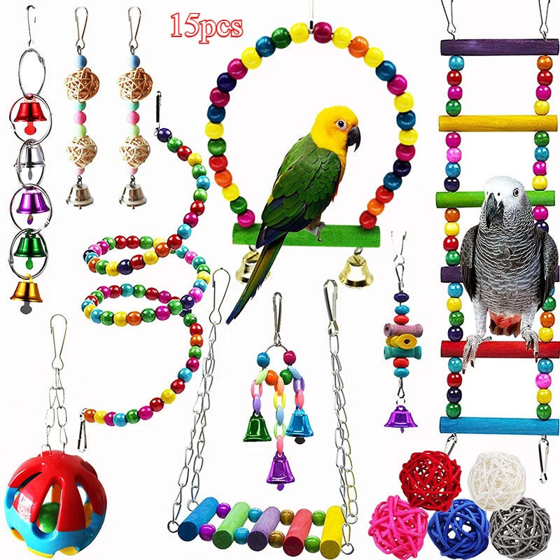 Bird Toy Wood Parrot Toys Set Cage Bird Accessories Swing Suspension Bridge Ball Cage Bells Pet Supplies juguetes para pájaros