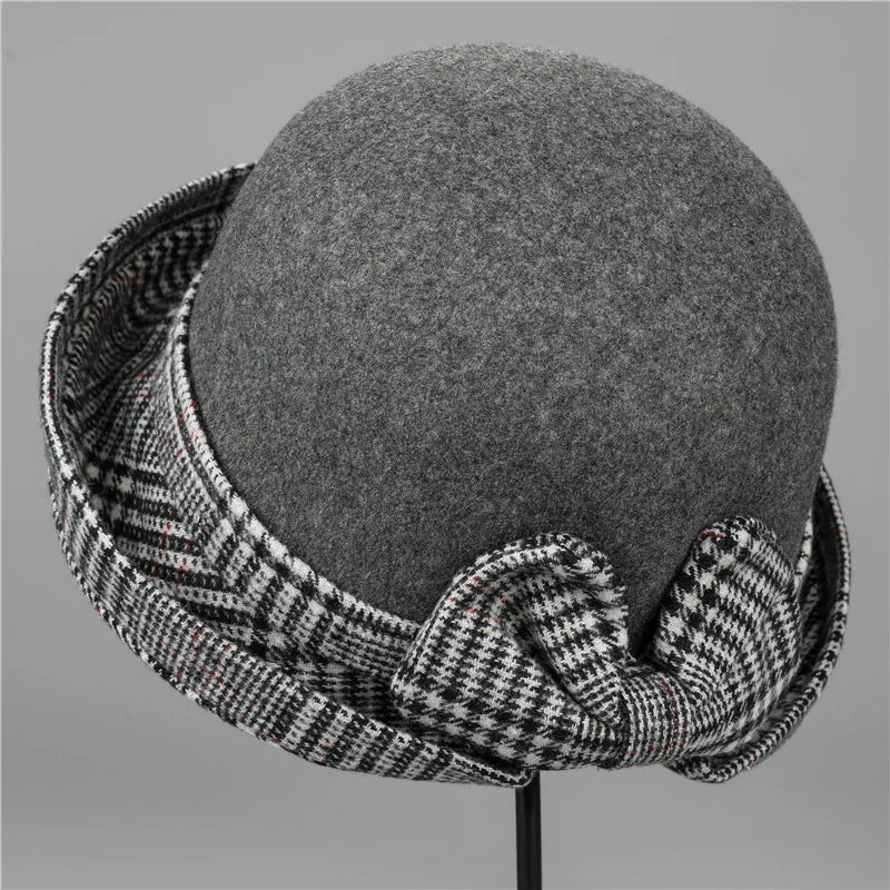 Women Felt Bowler Hats Vintage Plaid Bow Church Hats Lightweight Derby Fedora Hats