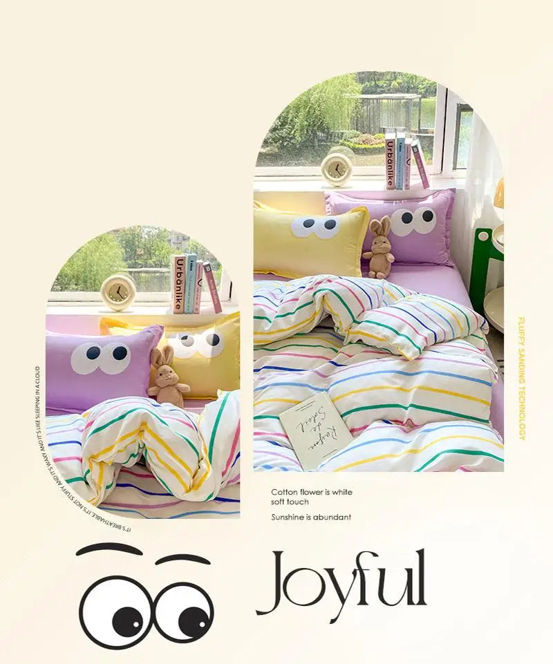 New Cartoon Striped Printed Bedding Sets Aloe Cotton Skin Friendly Breathable Comforter Cover Set Twin Double Size Bed Linens