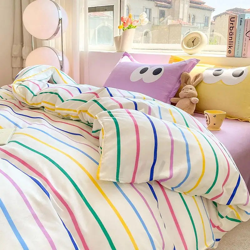 New Cartoon Striped Printed Bedding Sets Aloe Cotton Skin Friendly Breathable Comforter Cover Set Twin Double Size Bed Linens