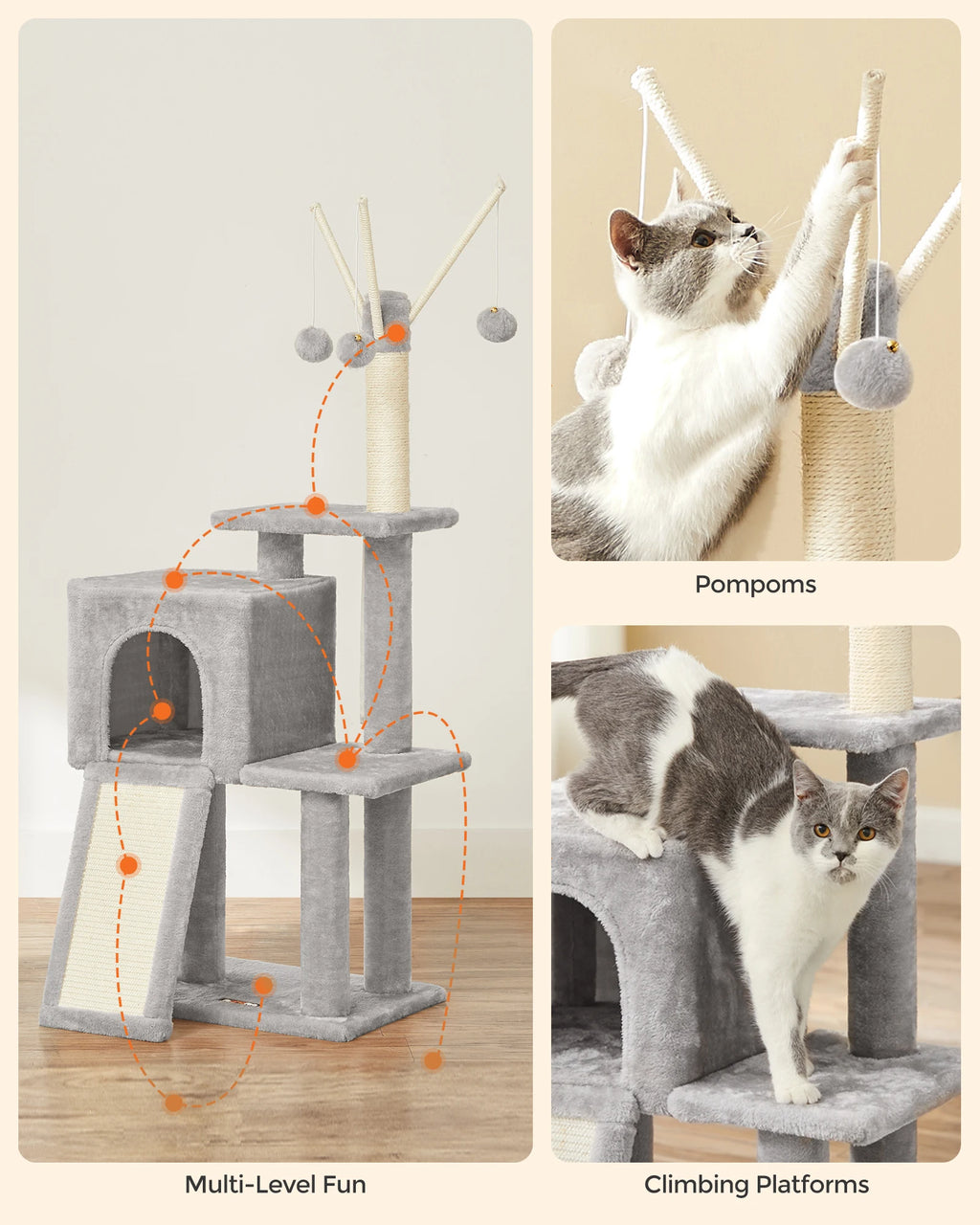 Feandrea Cat Tree, 46.5-Inch Cat Tower for Indoor Cats, Multi-Level Plush Cat Condo, Scratching Post, Ramp