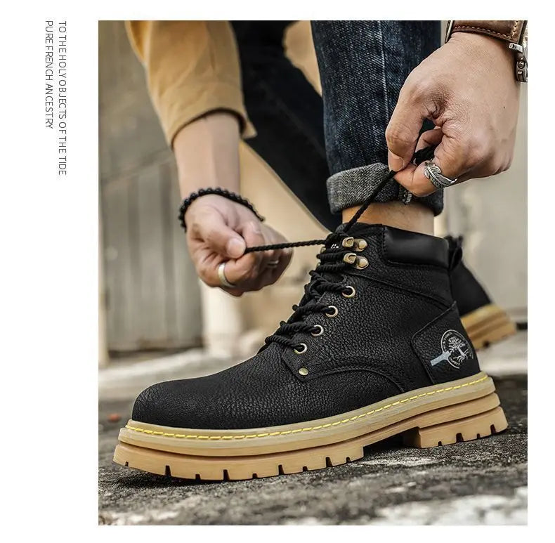 Fashion Men Boots Spring Comfortable Platform Leather Shoes Men Trend Brown Non-slip Work Boots for Men Casual Shoe Cowboy Boots