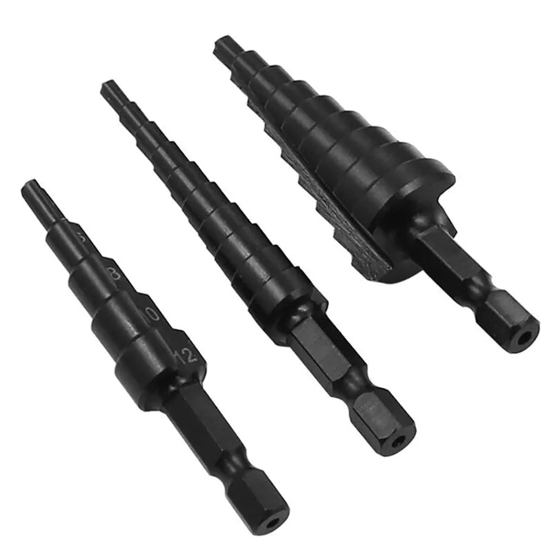 3Pcs HSS Straight Groove Step Drill Bit 3-12mm 4-12mm 4-20mm Nitride Black Hex Wood Metal Hole Cutter Core Drilling Tools Set