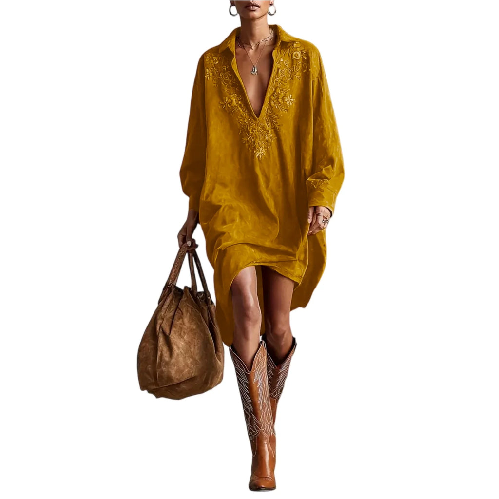 Dresses Womens Shirt Dress Terracotta Suede Embroidered High-Low Puff-Sleeve Bohemian Stylish Outfit Daily 2026 Trendy Vestido