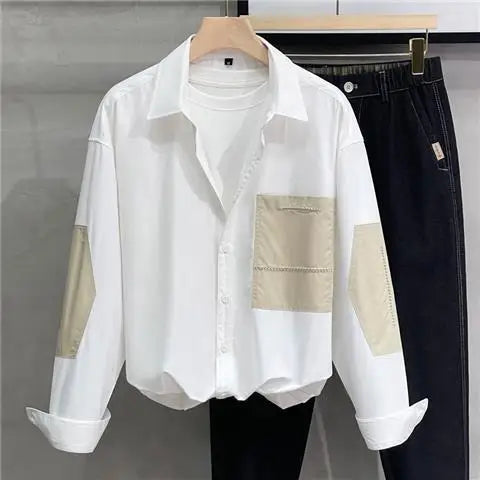 Men's Long Sleeve Shirt Business Casual Loose Patchwork Color Block Unique Design Spring Autumn Tops