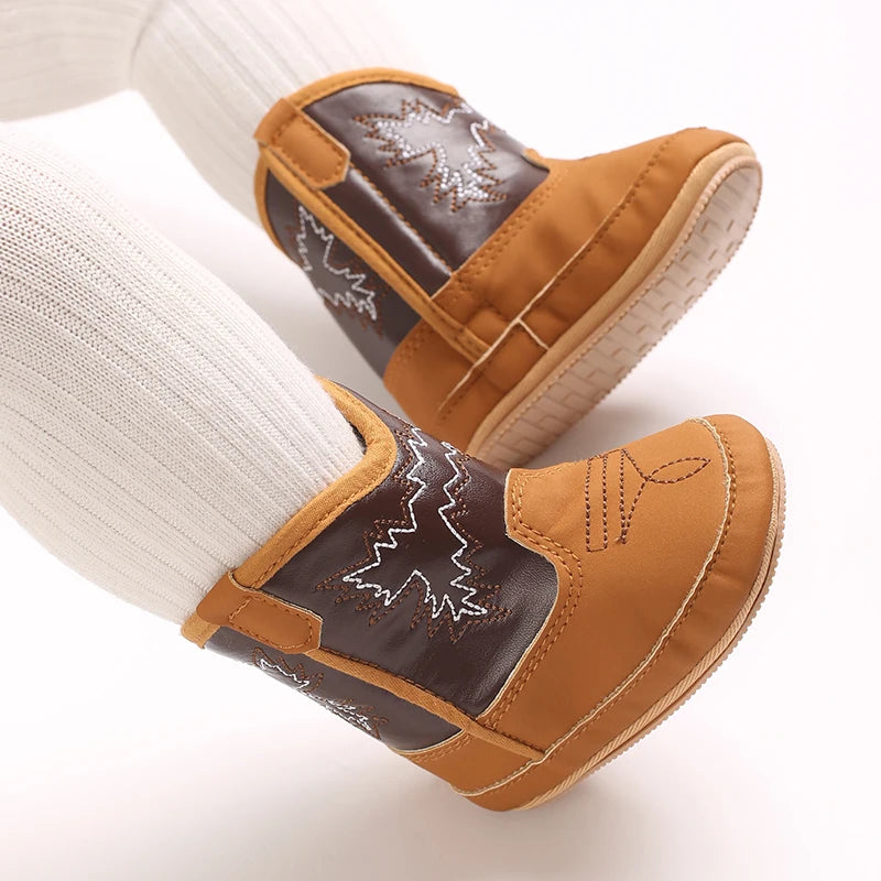 Baby Boots Western Knight Boots Tall Boots Cowboy Boots Embroidered Chelsea Retro Children's Brown