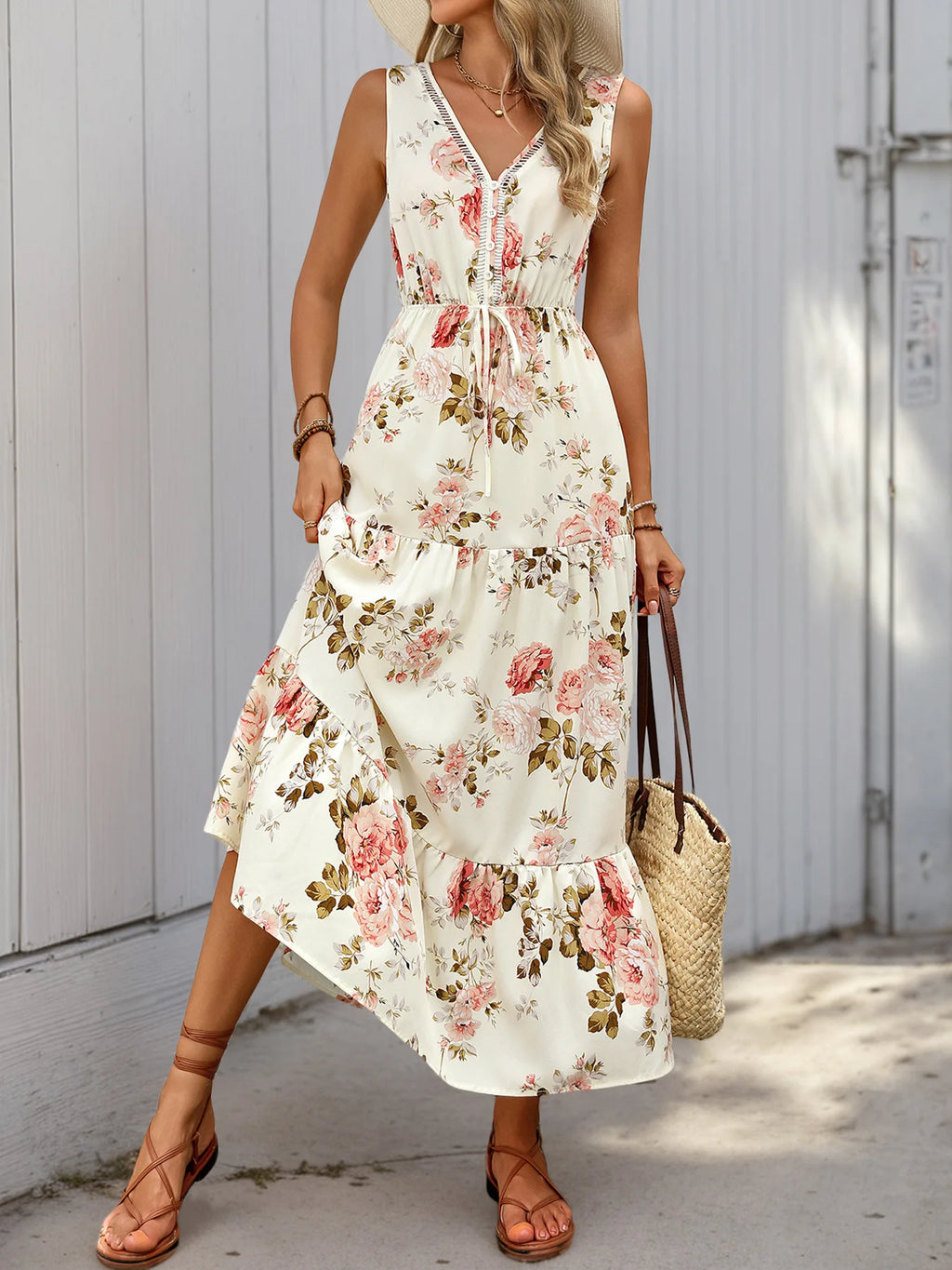 Elegant Floral Print Dress For Women Fashion  Bohemian Style Sleeveless Button Vestidos Female Casual V-neck A-line Dresses