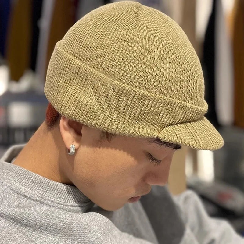 New Unisex Knitted Hats Fashion Thicken Fur Lined Soft Beanie Cap with Brim Thermal Winter Simple Hip Hop Hat for Men Women Gift