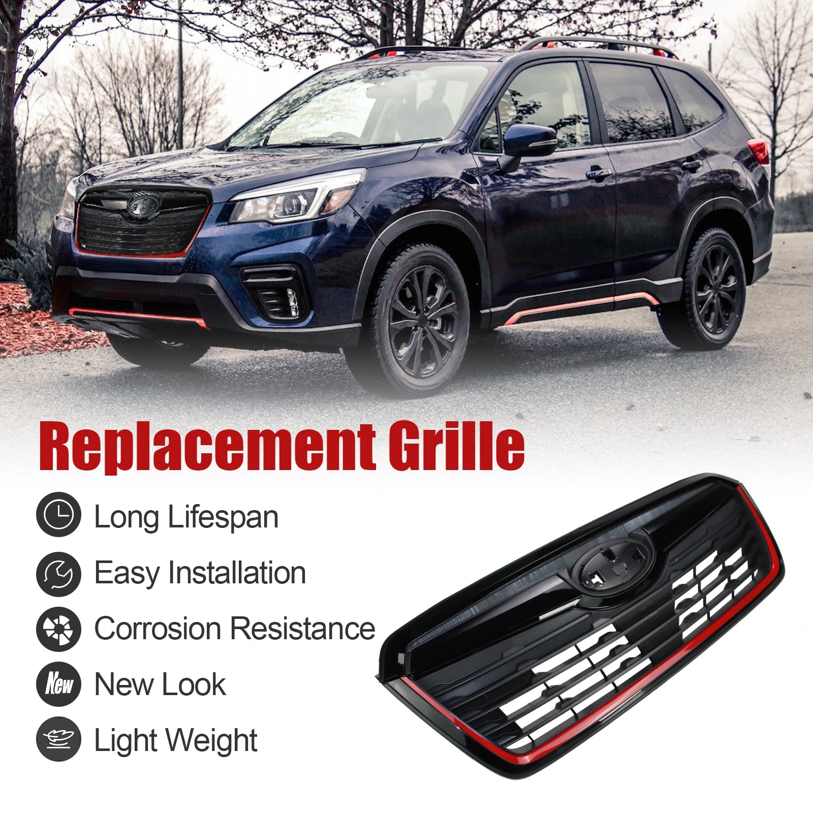 Front Grill for 2019-2021 Subaru Forester w/Camera Hole Gloss Black w/ Red Line