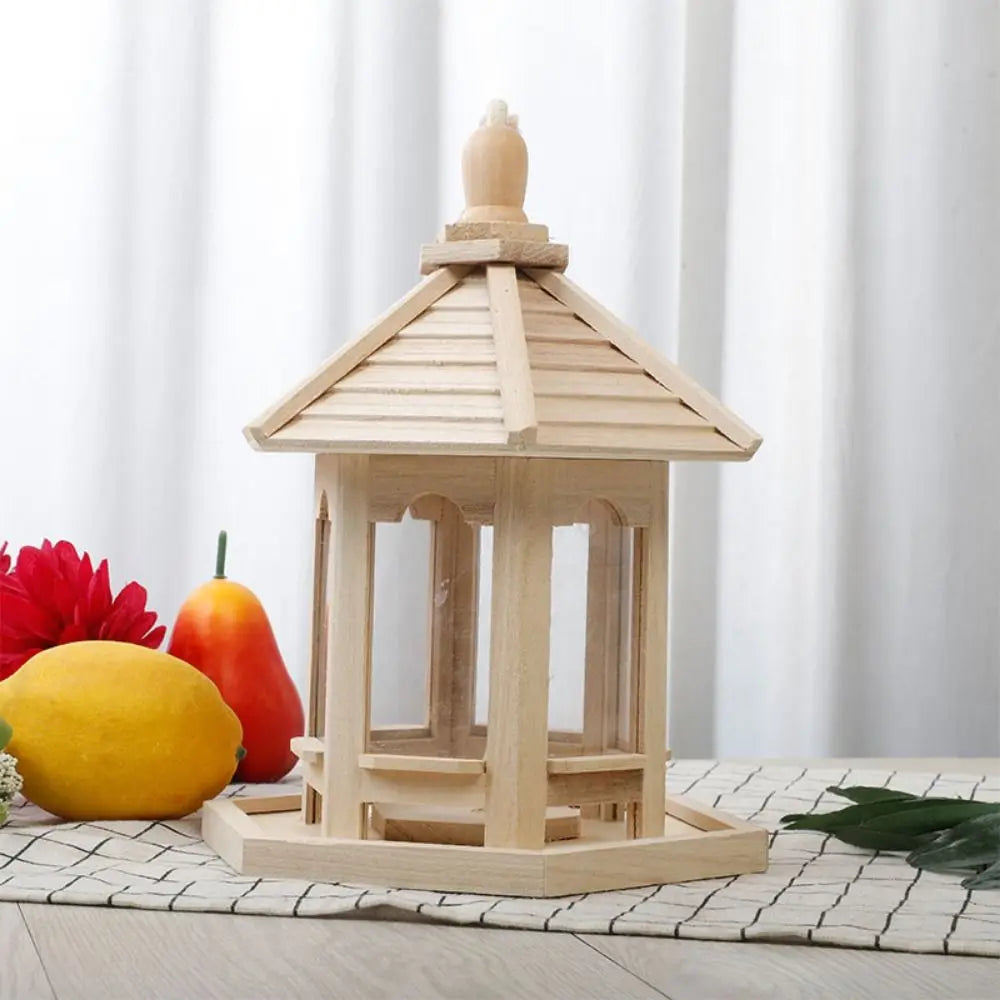 Bird House Ornaments House Shape Bird Feeder House Hanging Wooden Pet Feeder Box Bird Food Dispenser Balcony