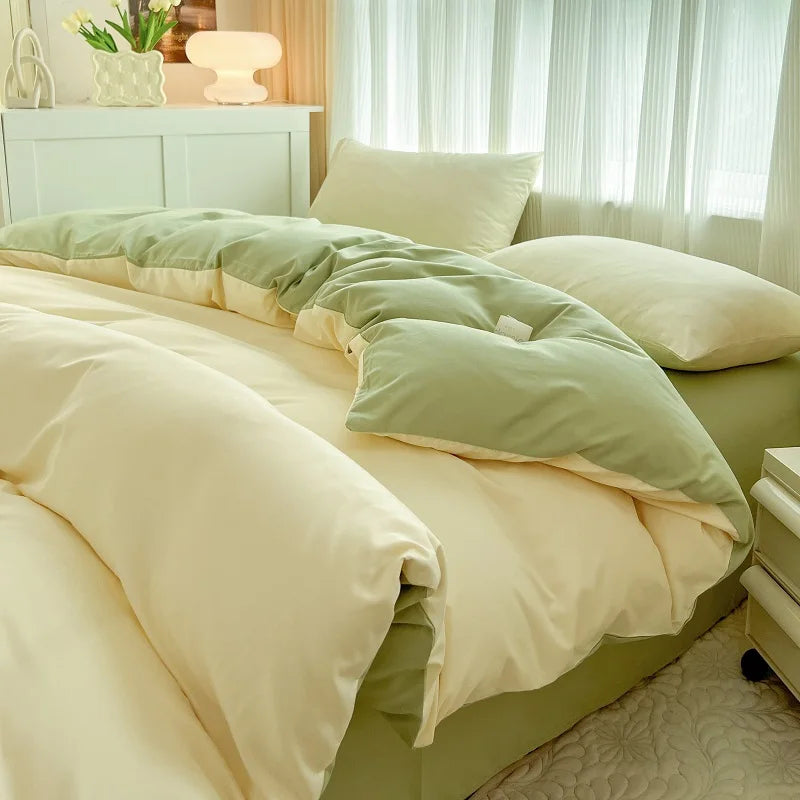 2-side Solid Color Brush Fabric Bed Set 4 Pieces Duvet Cover Pillowcase Bedding Set Bed Sheet Quilt Cover Single Queen King Size