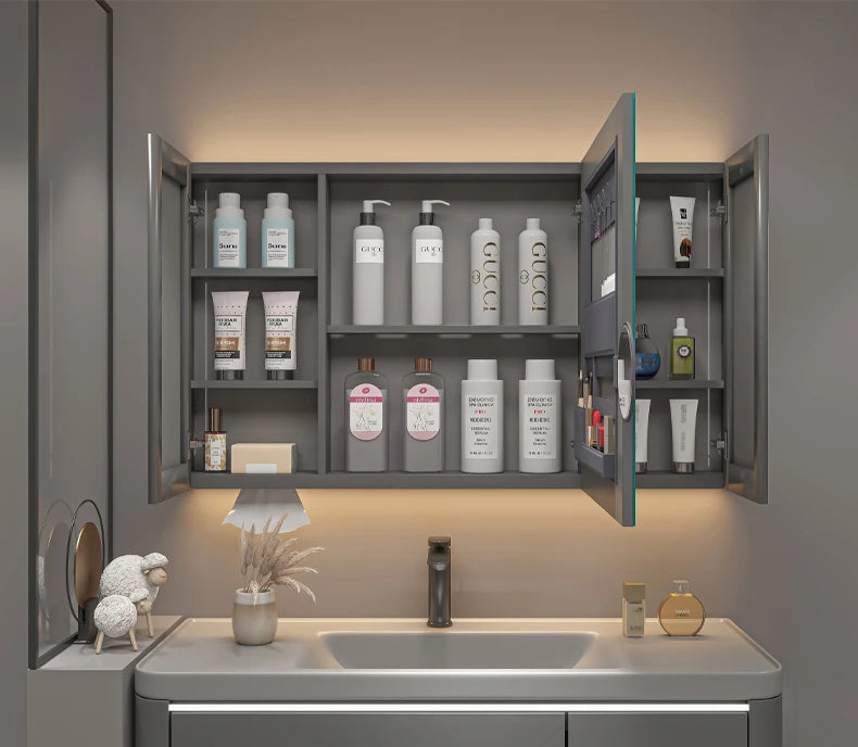 Bathroom Furniture Mirror Cabinet Modern Solid Wood Bathroom Smart with Light Defogging Beauty Mirror with Storage Locker
