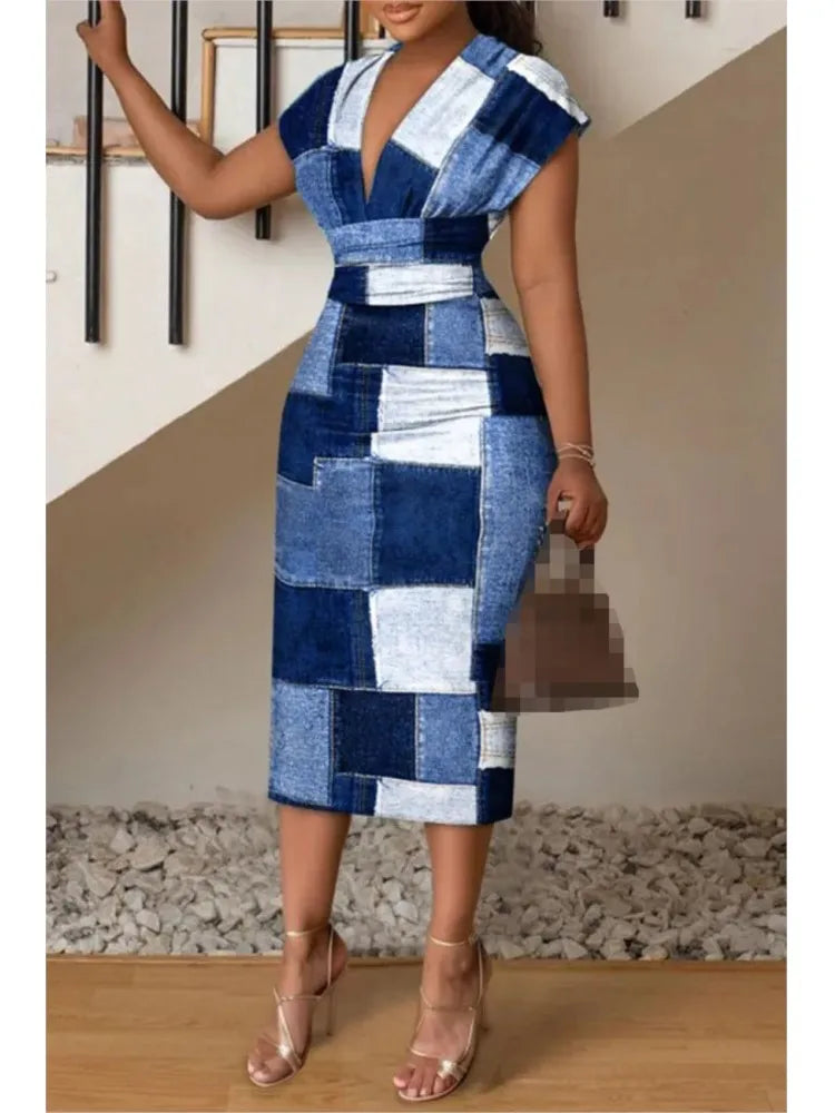 Dresses For Women Summer New V-neck Slim Hip-hugging Sexy Printed Women's Dress Office Mid-length Dress