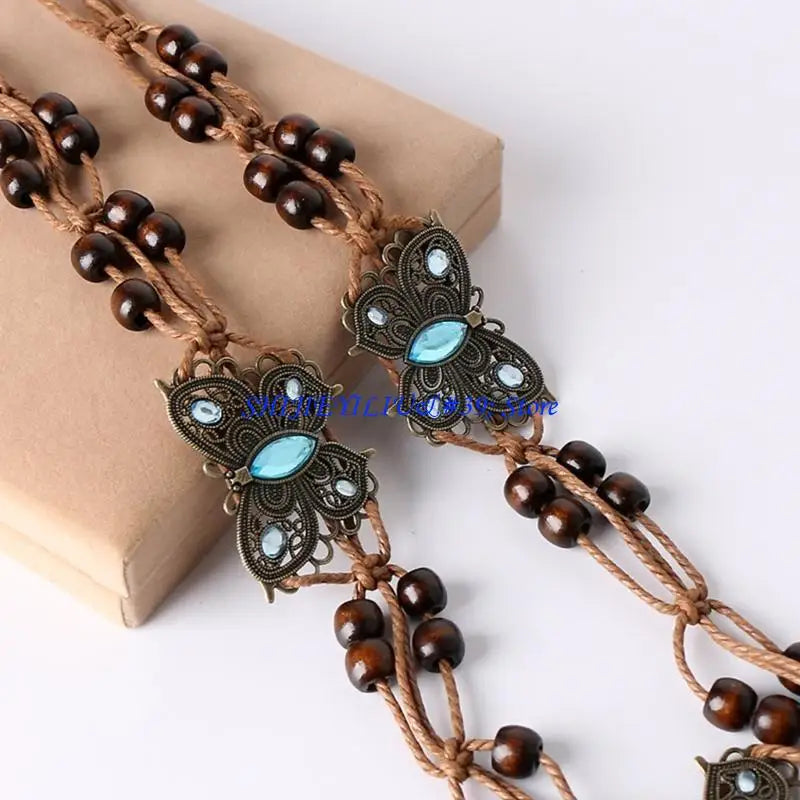 E21F Brown Belt with Beads Butterflies Vintage Tassel Cotton Rope Waist Chain Woven Waist Belts for Dress Party Dance Show