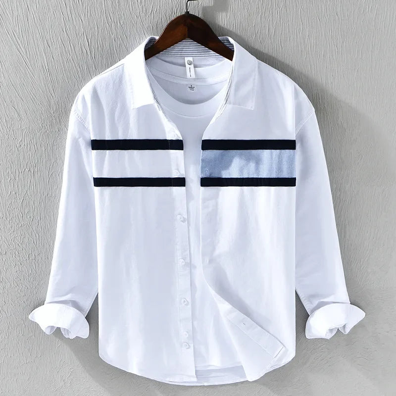 Japanese Fashion Mens Long Sleeve Shirts Spring Summer Daily Casual Pure Cotton Shirt Oxford Striped Patchwork Shirt Youth Tops