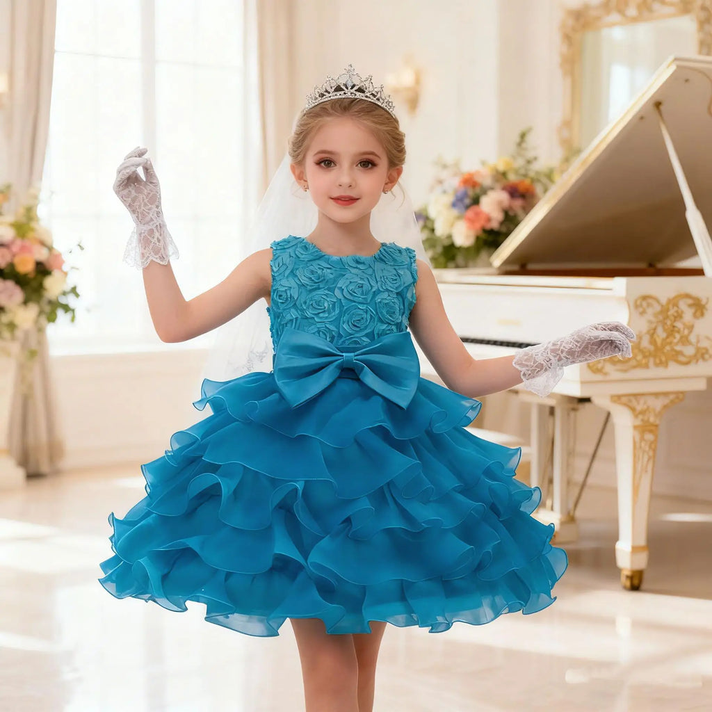 Elegant Dress For Girls Sleeveless Flower Ruffles Gown For Kids Wedding Prom Bridesmaid Birthday Party First Communion Dress