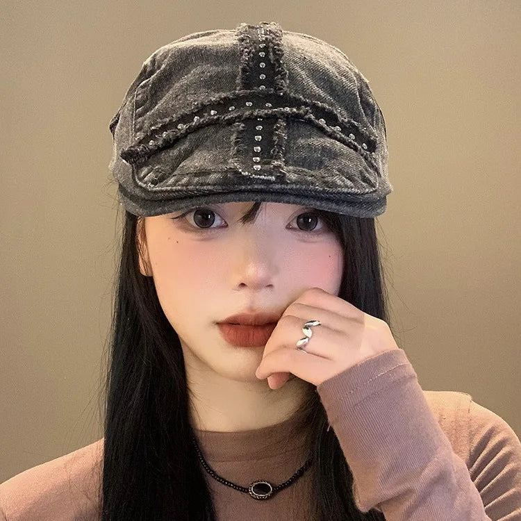 Girl's Blalck Hats Large Cap Retro Black Denim Riveted Washed Aged Beret American Hat Trend  Chapeau Vintage Hot Girl Y2k Hats