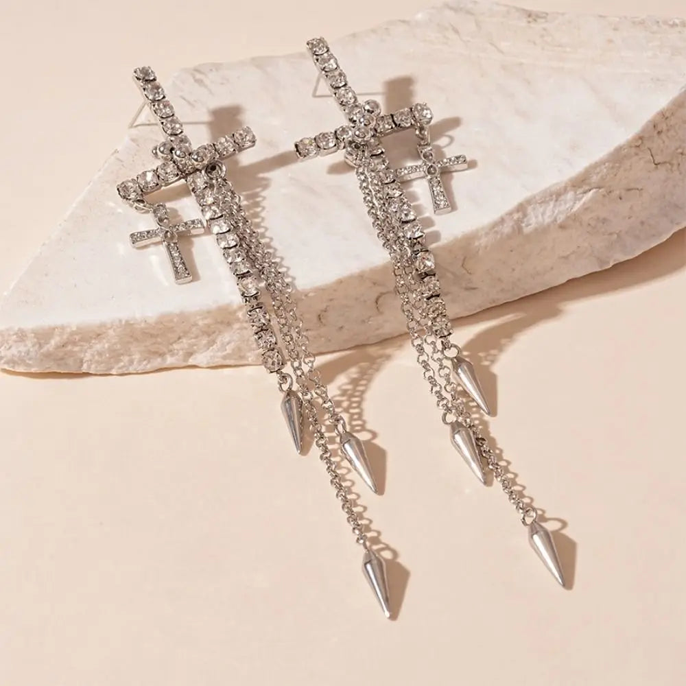 Inlaid Rhinestones Cross Earrings Exquisite Fashion Long Tassels Dangle Earrings Exaggerate Temperament Ear Stud Bridal