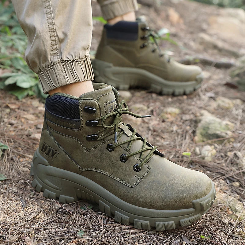 High-Top Leather Men's Boots Breathable Desert Combat Boots Outdoor Non-slip Hiking Boots Men Motorcycle Boots Work Ankle Boots