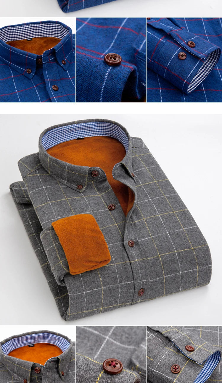 Longsleeve Shirts for Men 2025 Autumn Winter New Warm Plus Velvet Thick Cotton Lapel Casual Plaid Shirts Brand Mens Clothing