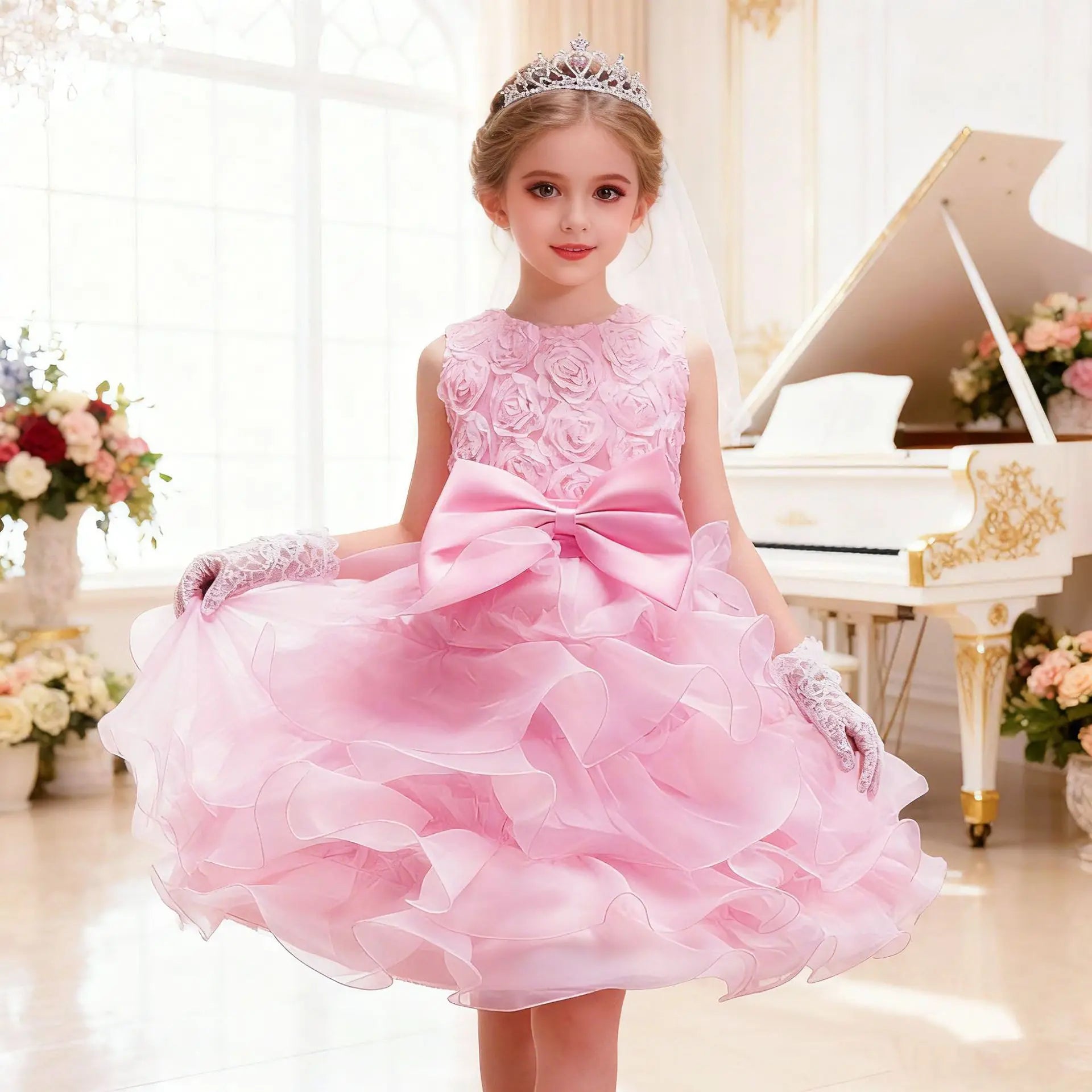 Elegant Dress For Girls Sleeveless Flower Ruffles Gown For Kids Wedding Prom Bridesmaid Birthday Party First Communion Dress