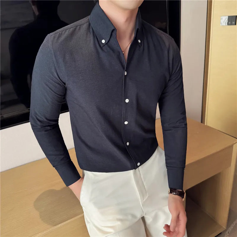 Long Sleeves Shirts for Men Light Thin Fashion Fold Process Wine Red Solid Casual Shirt Men Social Dress Shirt Slim Fit Tuxedo