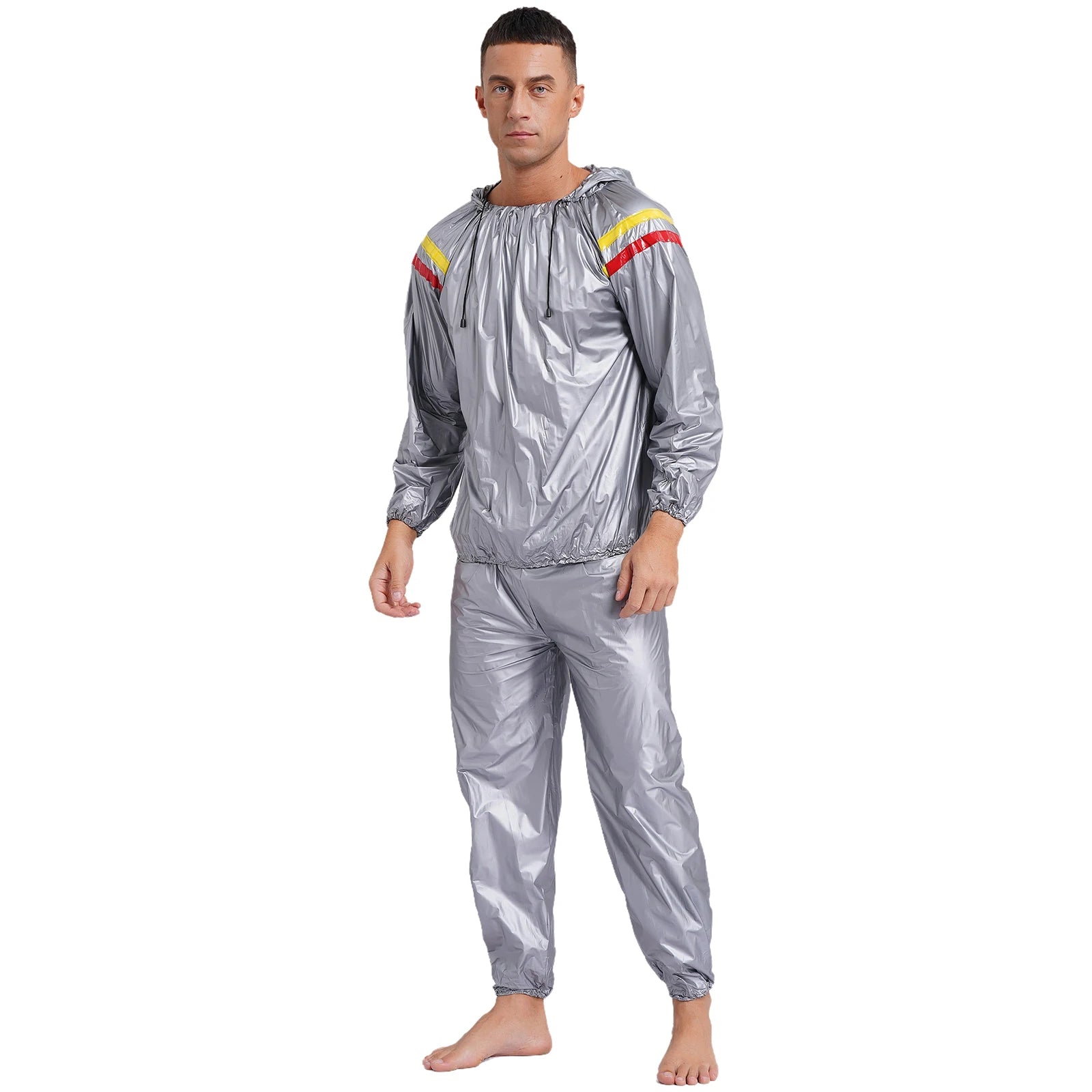 Mens Sports Outfits Sauna Sweat Sets Long Sleeve Hooded Jacket Outerwear and Long Pants PVC Sweating Suit for Gym Workout Yoga