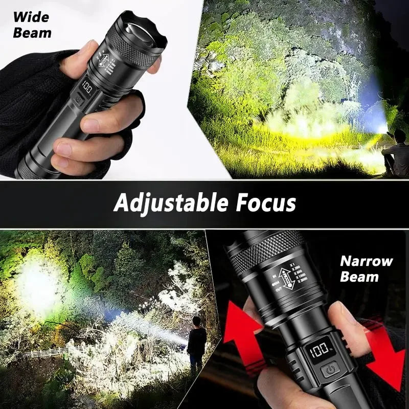 Rechargeable LED Flashlight Zoomable Torch with LCD Display 3 Modes Waterproof High Power Hand Light Outdoor Wilderness Camping