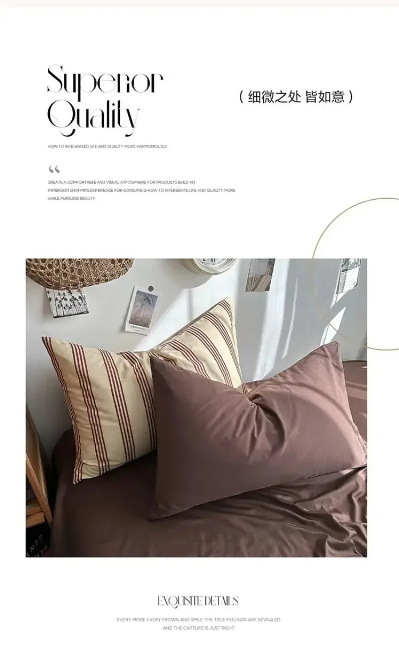 MissDeer Bedding Set Ins Ambiance Blue Coffee Grid Mixed With Washed Cotton Minimalist Four Piece Set Fitted Sheets Duvet Cover