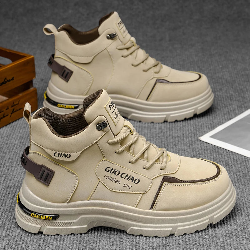 High Top Boots Four Season Outdoor Work Shoes Men's Anti Slip and Comfortable Black Boots Fashion British Casual Leather Boots