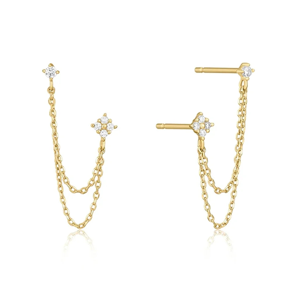 New Arrival Double Ear Studs Tassel Chains Hanging Earrings for Women Ear Piercing 3 Metal Color Luxury CZ Hot Jewelry