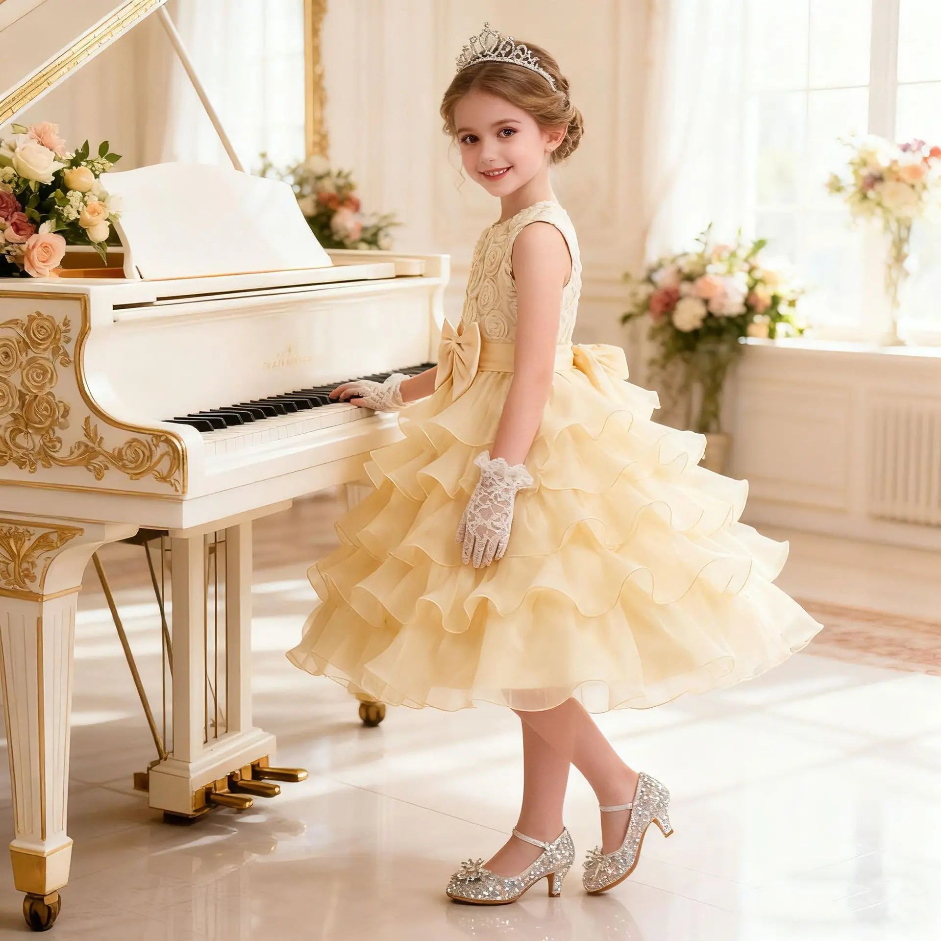 Elegant Dress For Girls Sleeveless Flower Ruffles Gown For Kids Wedding Prom Bridesmaid Birthday Party First Communion Dress